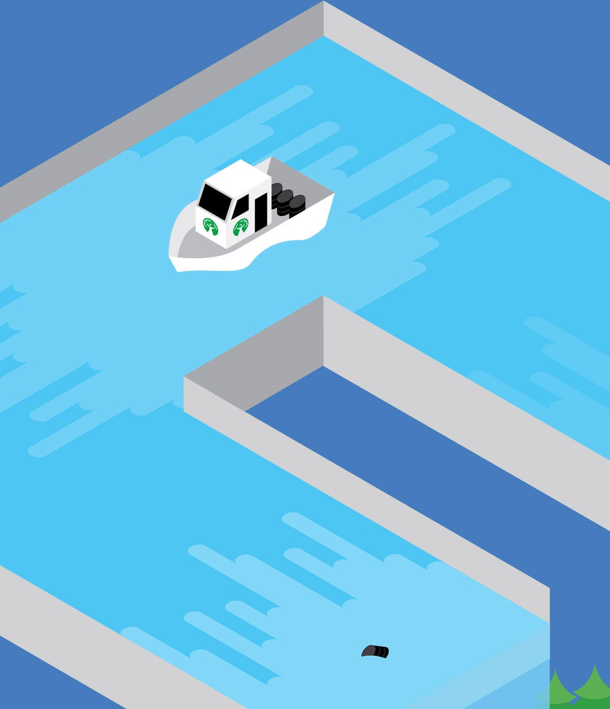 Dsposal. Isometric illustration. Close up detail of an Environment Agency boat. Created by Superfried.