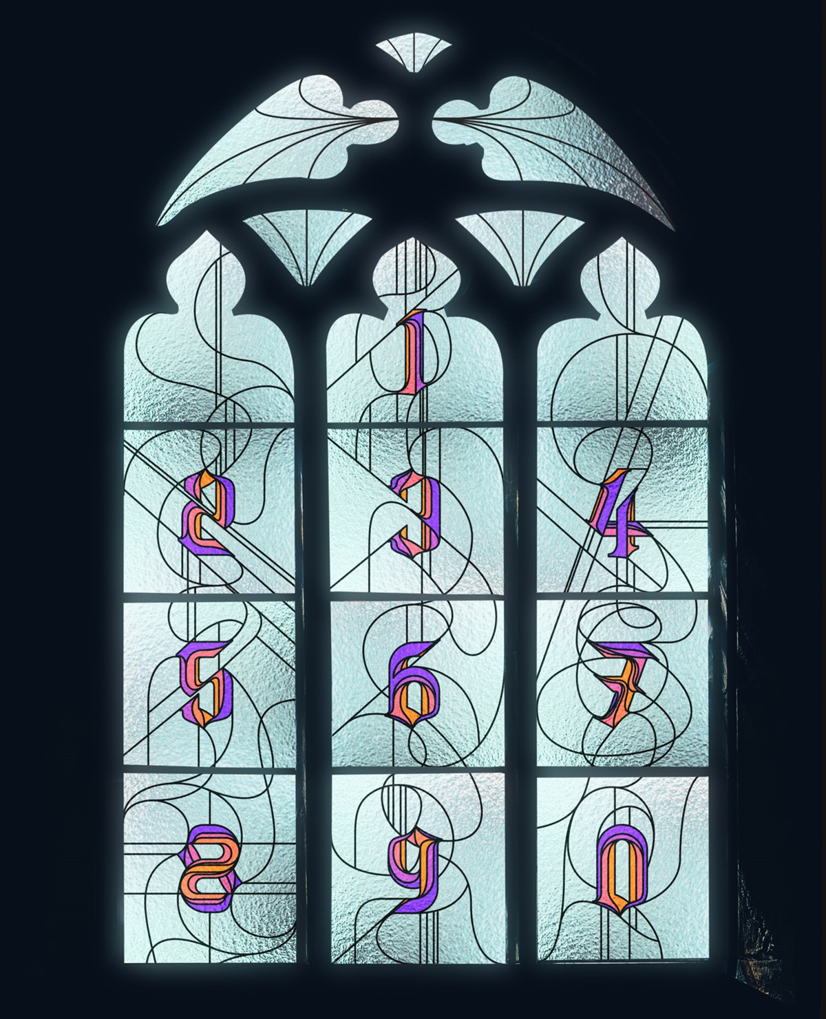 BLK LTR type experiment re-visited. Stain glass window. Numerals 0-9 designed by Superfried, Manchester.