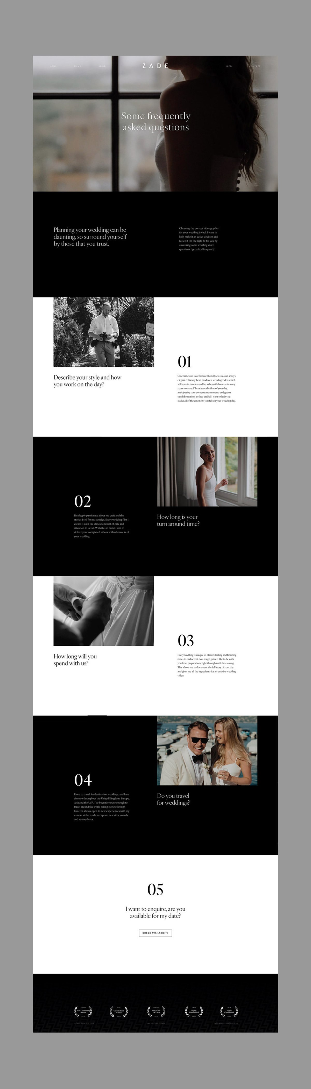 Zade Film Co. FAQs page. Website design + strategy by Superfried design studio, Manchester.