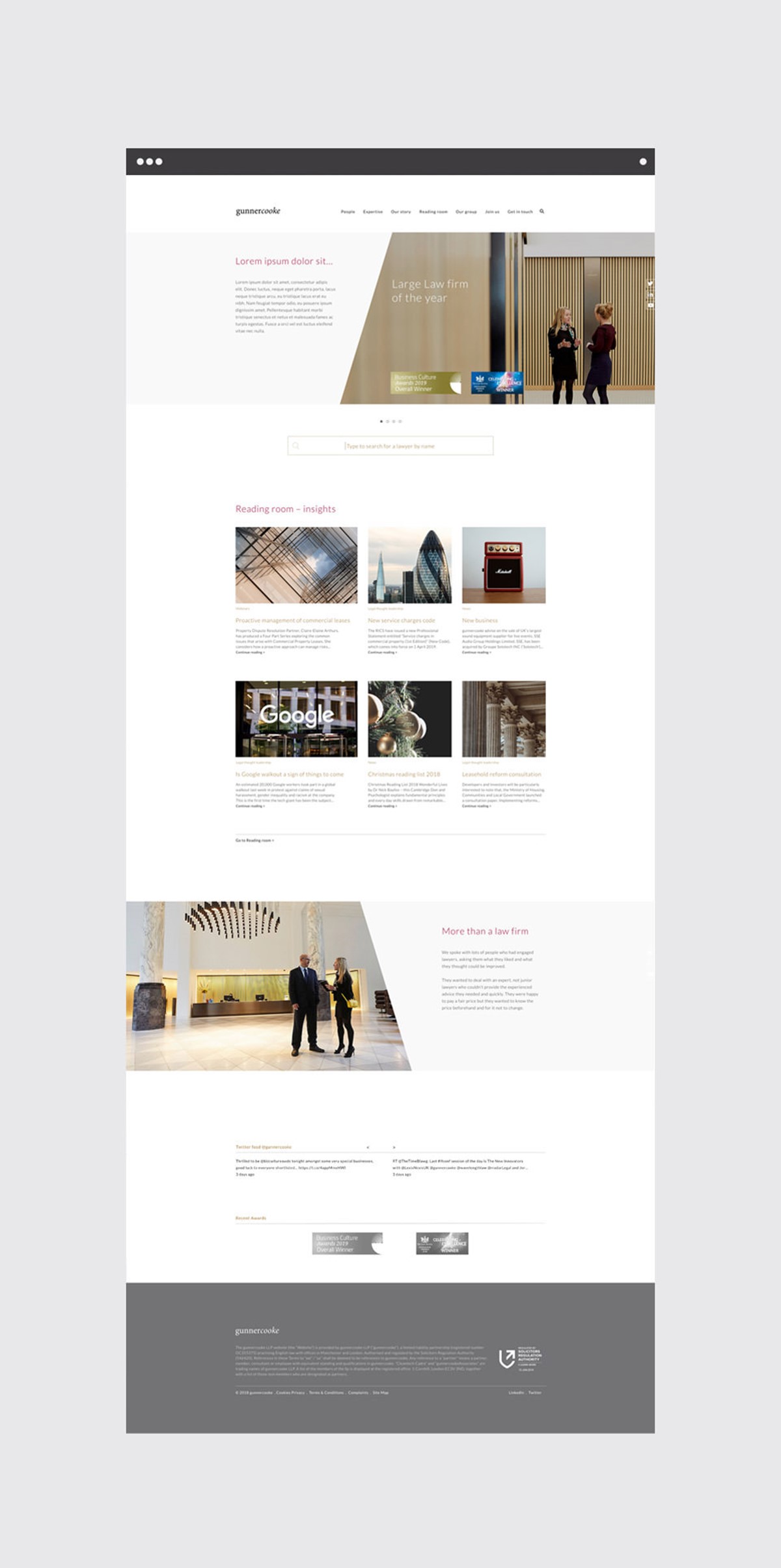 Gunnercooke. Law firm. Homepage. Website design by Superfried.