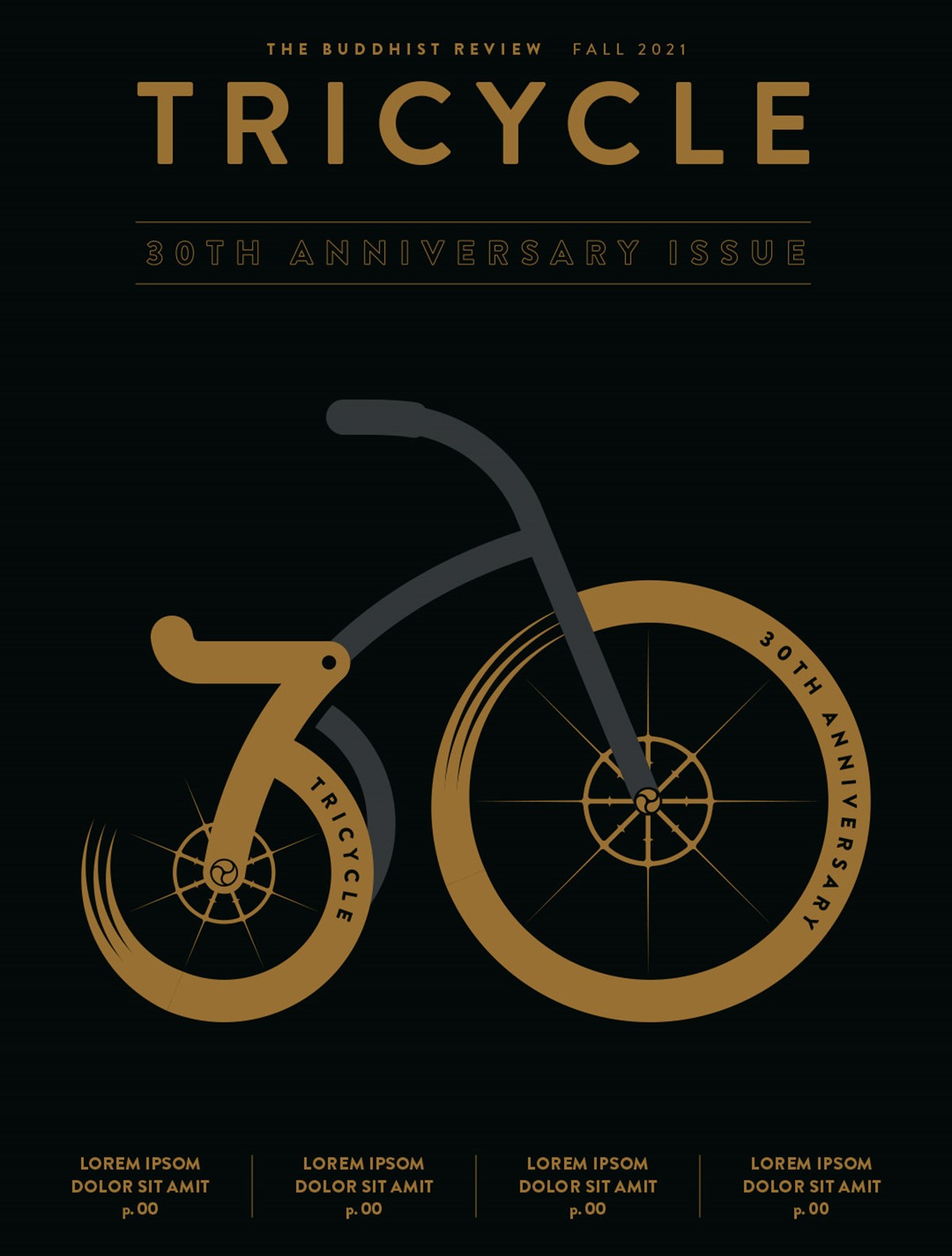 Tricycle magazine. 30th anniversary. Typographic trike design on black by Superfried.