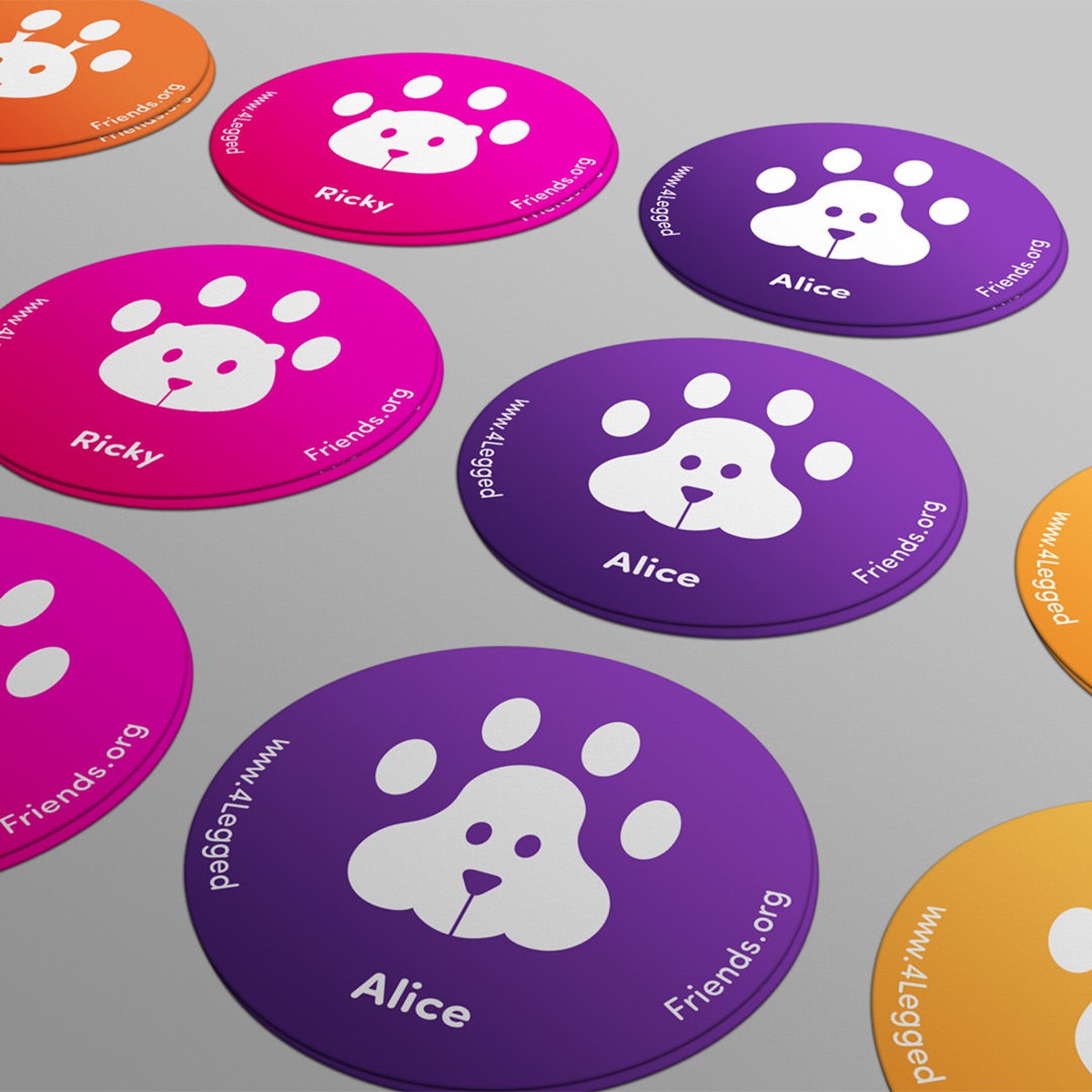 4 Legged Friends animal logo stickers mock-up. Identity design by Superfried.