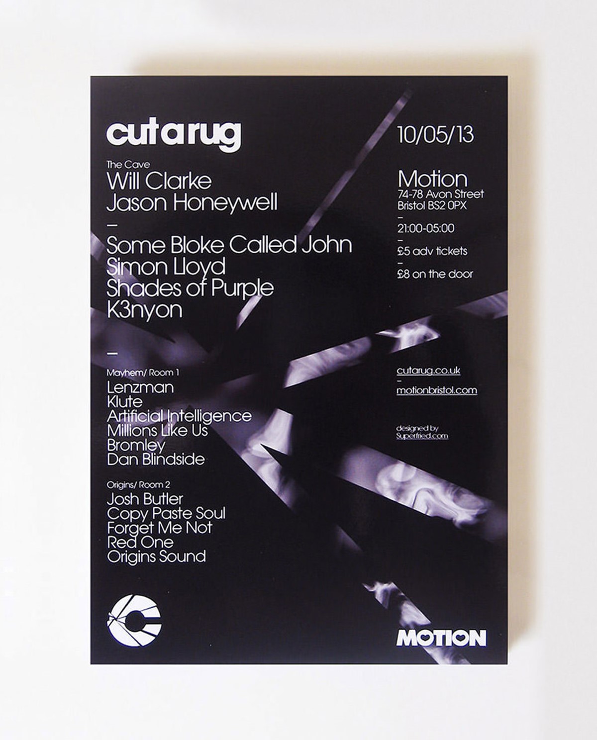 Cut a Rug. Back of smoke style club night flyer at Motion. Design by Superfried. Manchester.