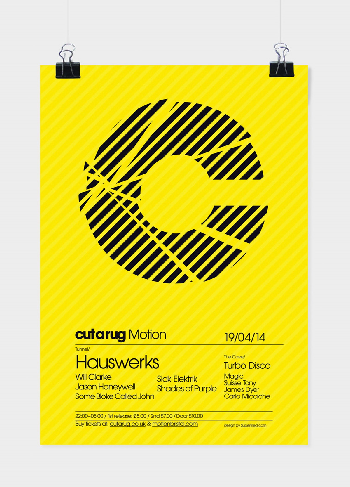 Cut a Rug. Yellow and black striped club night poster. Design by Superfried. Manchester.