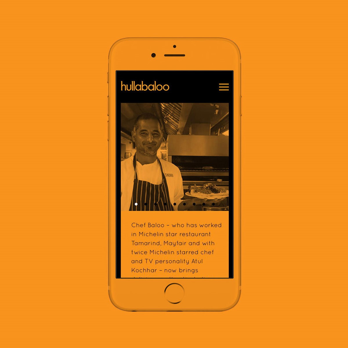 Hullabaloo. Mobile website – about page. Design by Superfried. Dev by Cotton.
